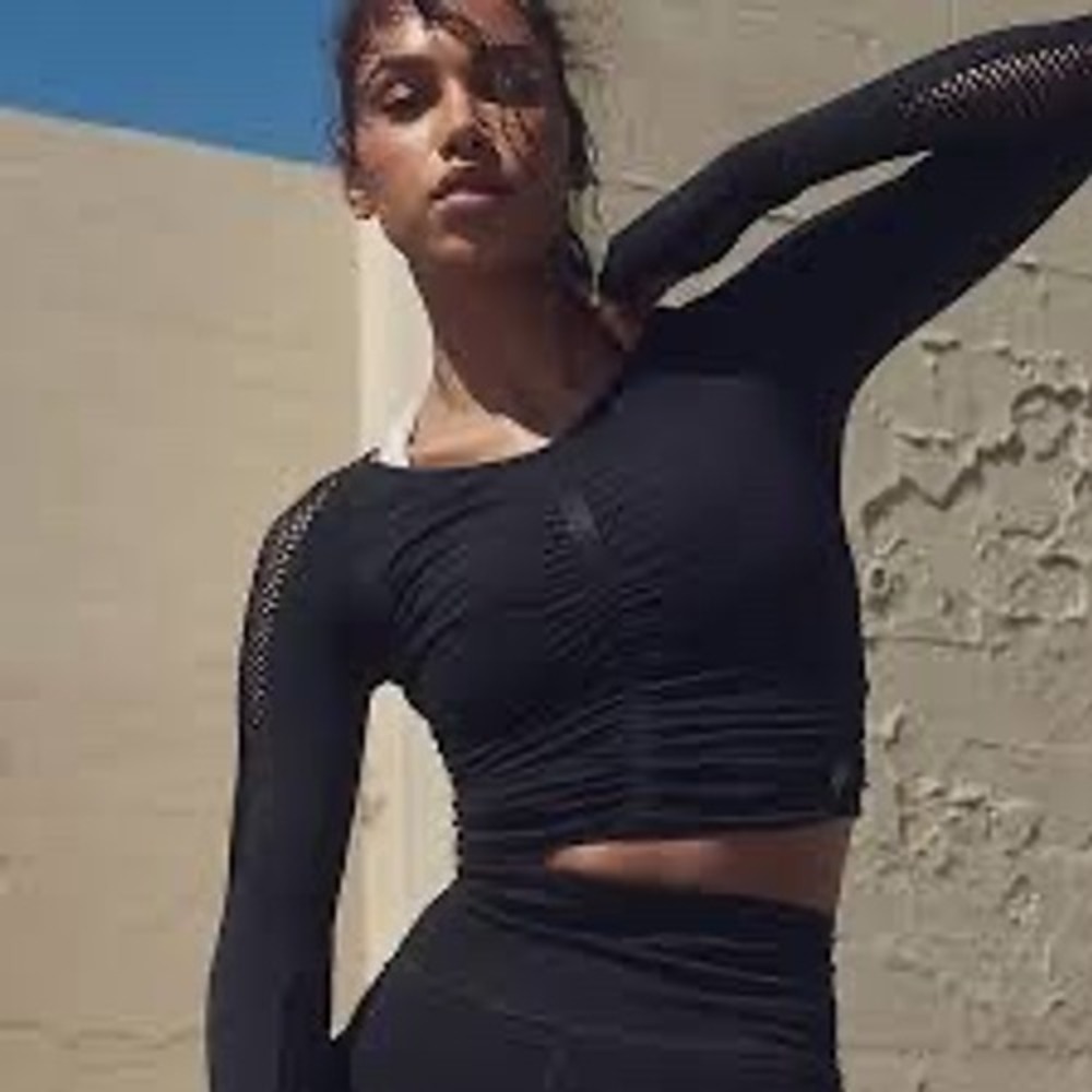 FP Movement by Free People On The Rise Ruched Black Long Sleeve Crop Top